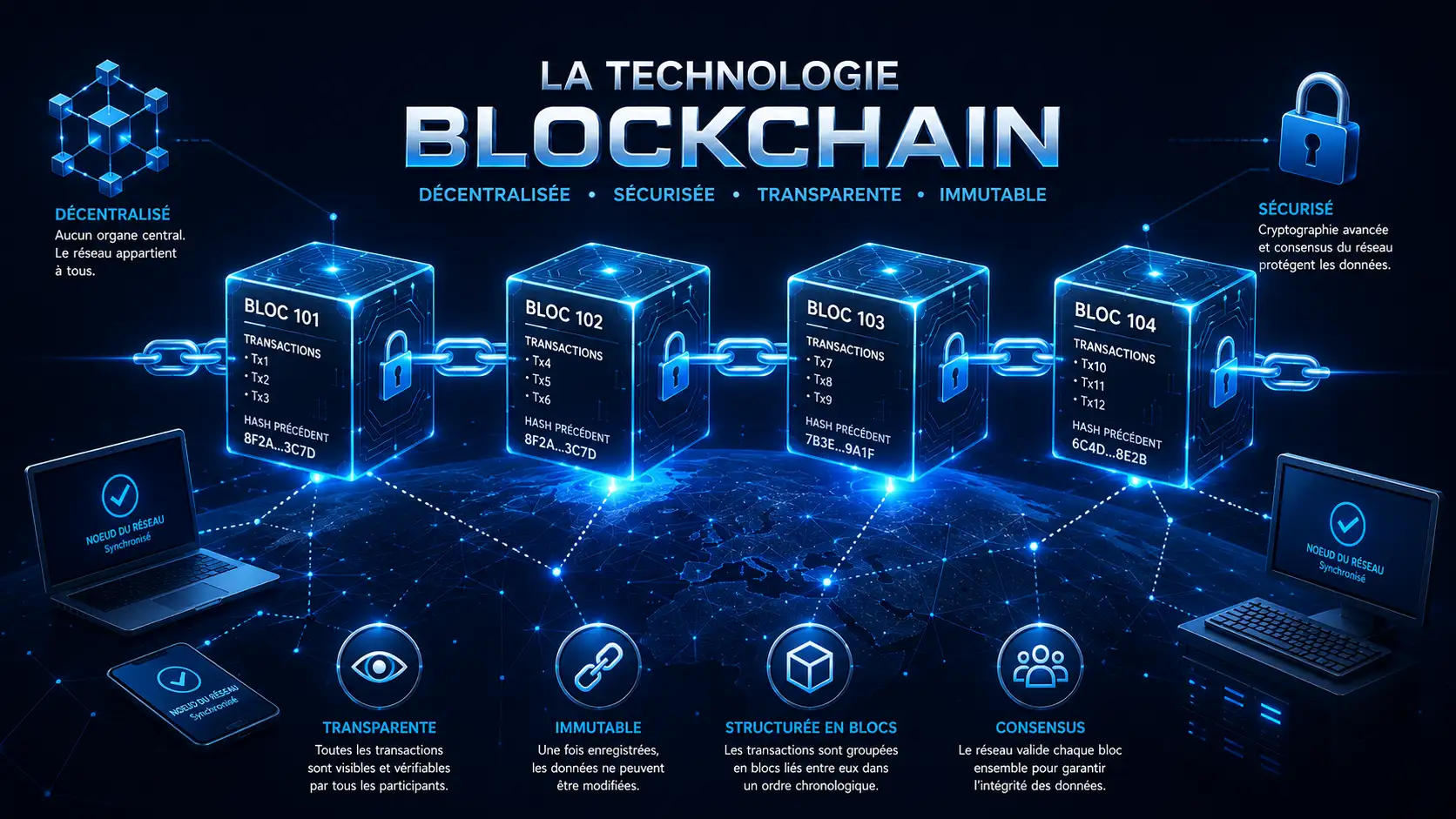 Infographie : la technologie blockchain — blocs chaînés, décentralisation, sécurité, transparence et consensus