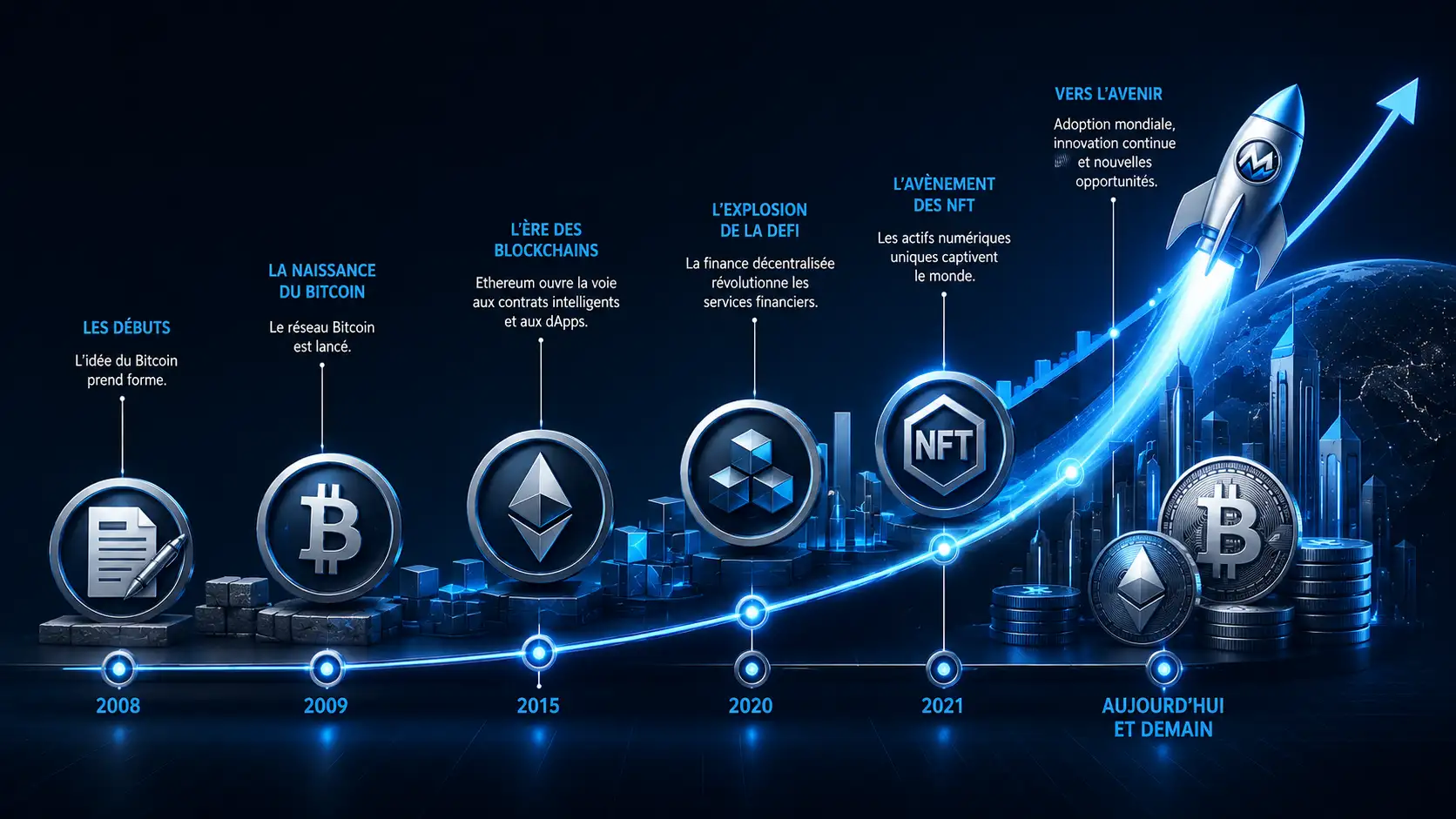 Chronologie des cryptomonnaies, des débuts de Bitcoin en 2008 à l'avenir de la blockchain
